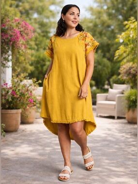 NWT Umgee Mustard High-Low Dress with Floral Embroidered Sleeves Plus Sizes